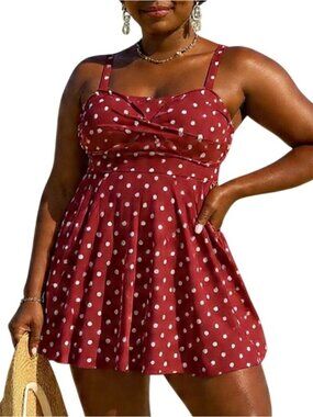 Bloomchic Plus Size 22-24 Swim Dress High-Waisted Bikini Bottom Polka Dot Red